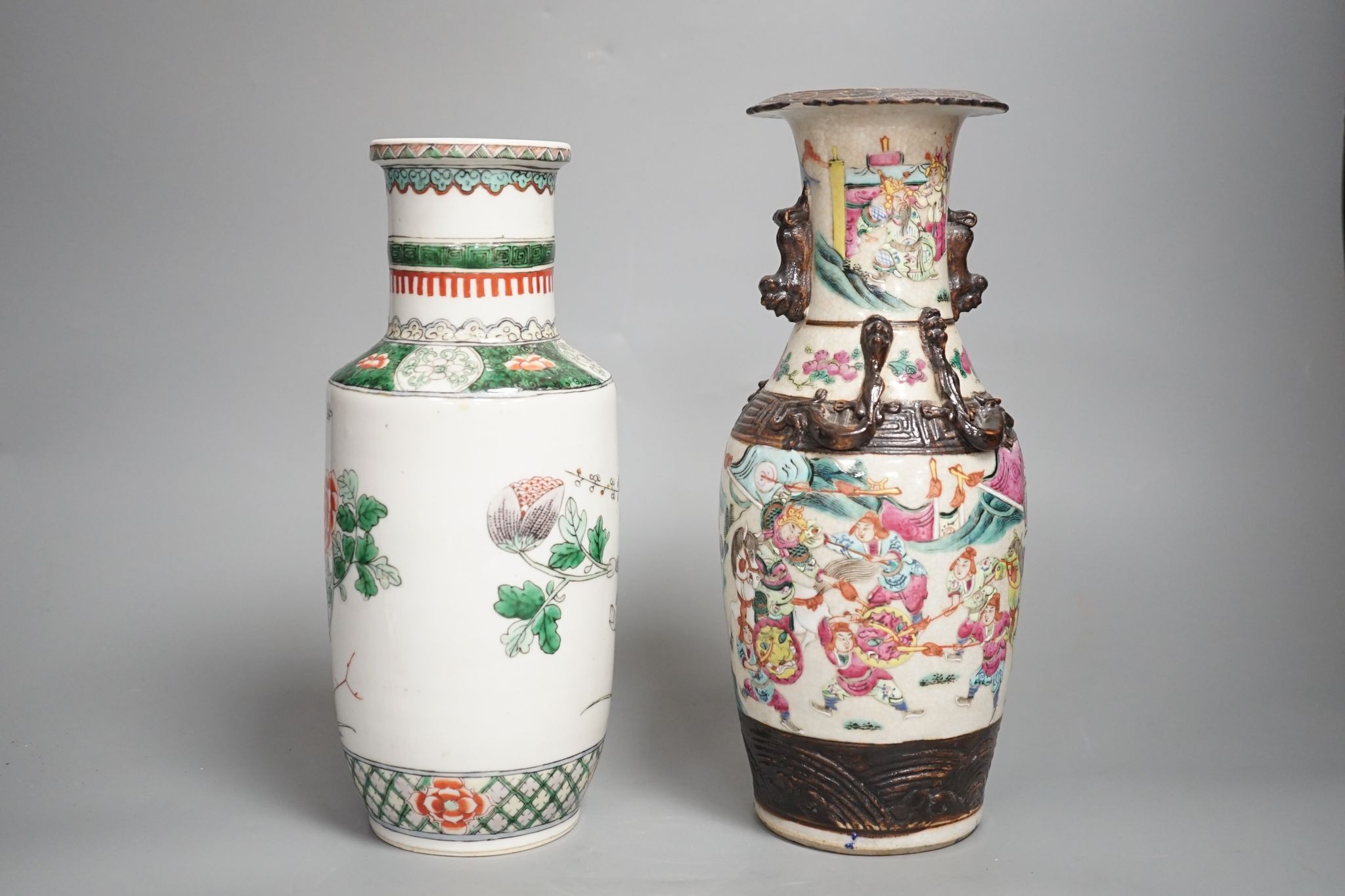 A Chinese crackle glaze ‘warriors’ vase and a Chinese famille verte ‘phoenix’ vase, both early 20th century Crackle ware vase 25 cms high.
